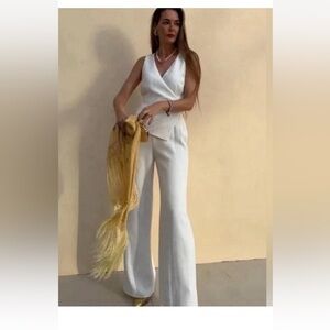 Zara White V-Neck Jumpsuit